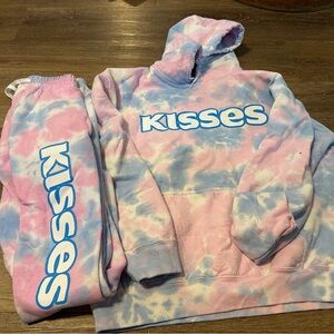 Kiss Tie-Dye Hoodie and Joggers Set - Pink and Blue